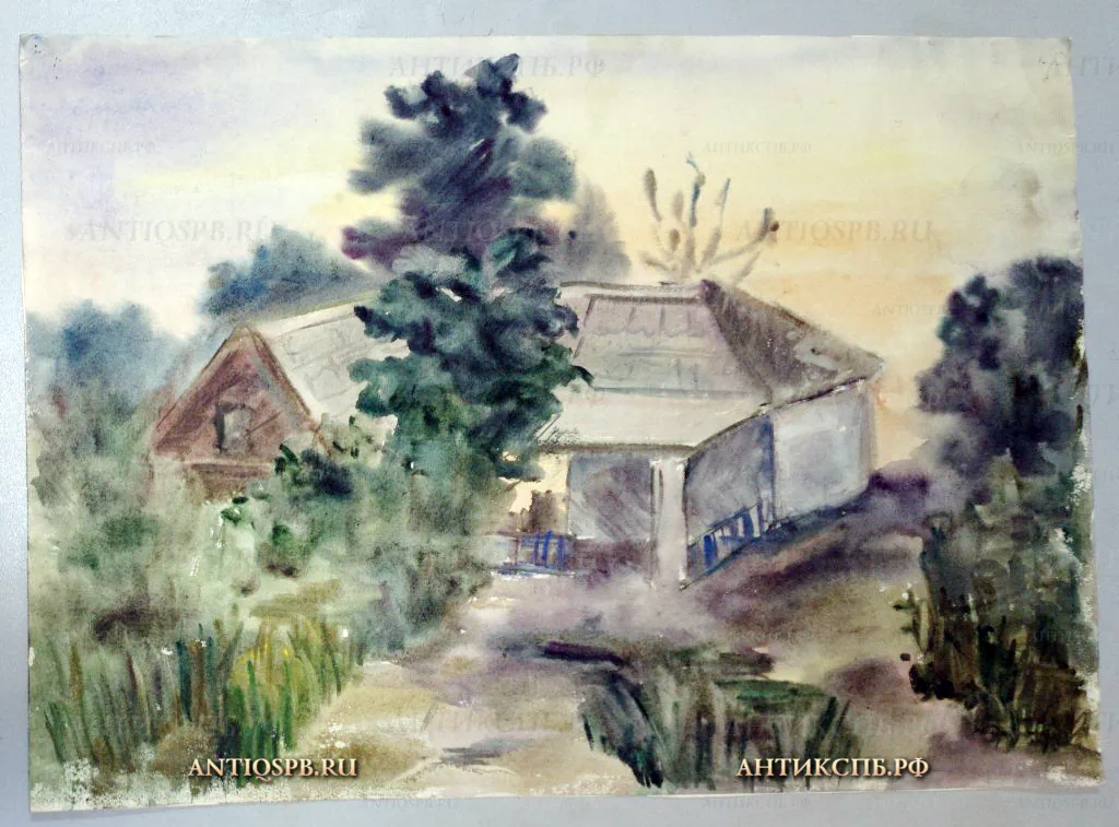 Картина "Деревенский пейзаж". Художник: Суходолова. Бумага, акварель. Вт. пол. ХХ века. СССР. №19467.6